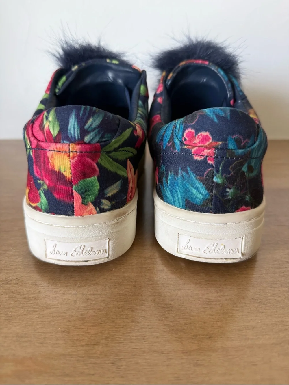 Sam Edelman Navy Floral Slip-Ons with Faux Fur Pom